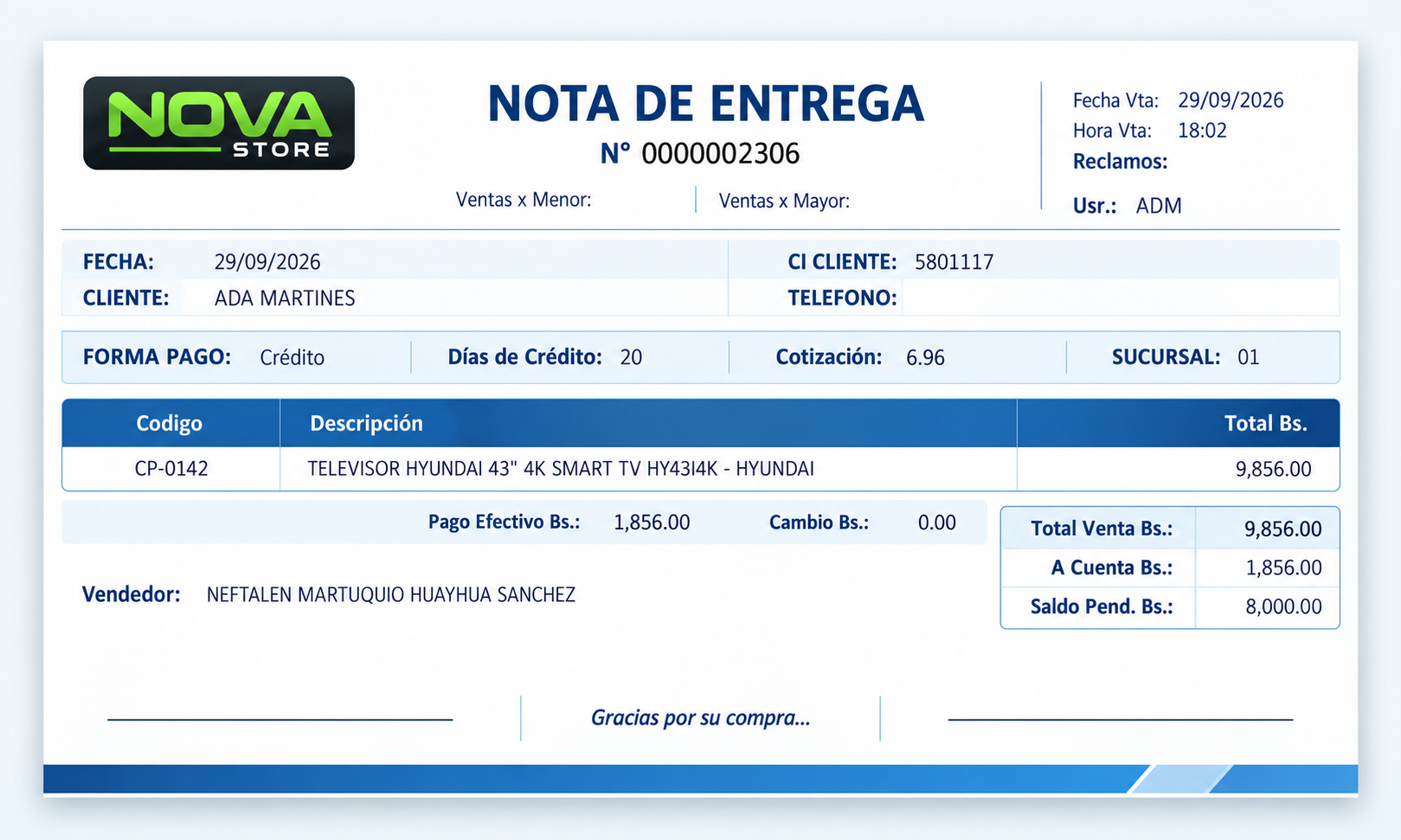 Documento modernizado de nota de entrega generado por el sistema